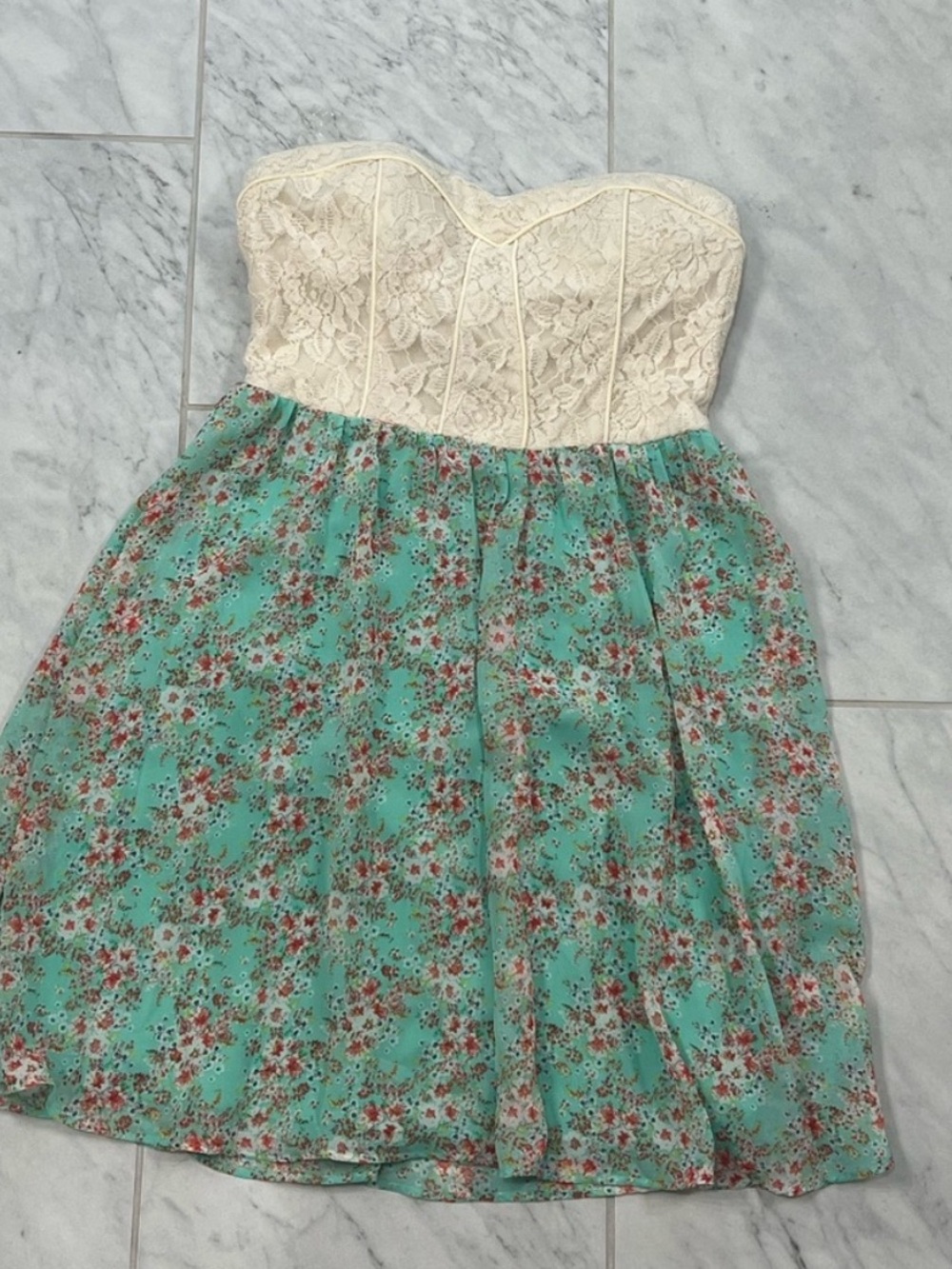 My Michelle Cream Lace Strapless Dress with Aqua Floral Skirt